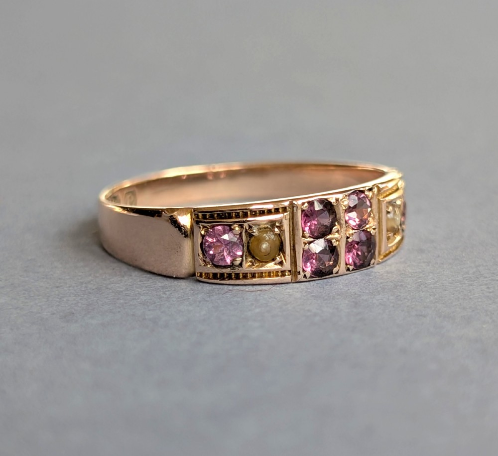 Edwardian 9ct rose gold garnet and pearl ring c1903 View V