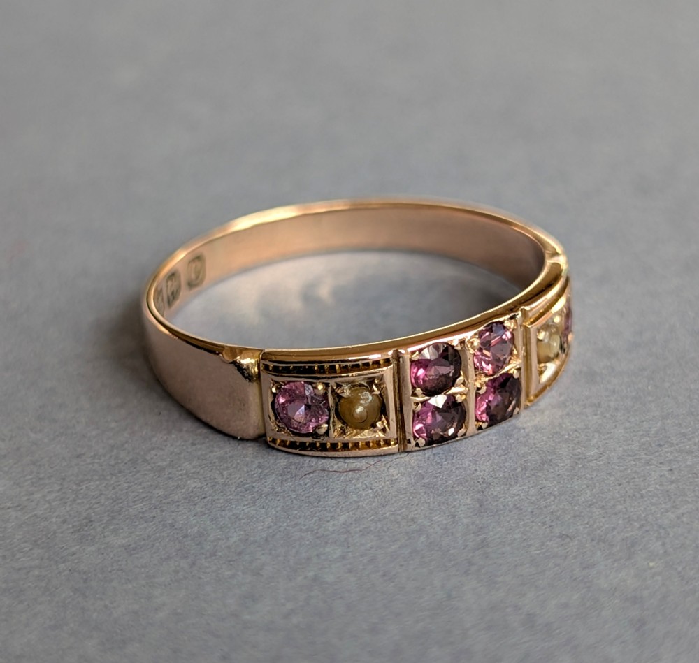 Edwardian 9ct rose gold garnet and pearl ring c1903 View VI