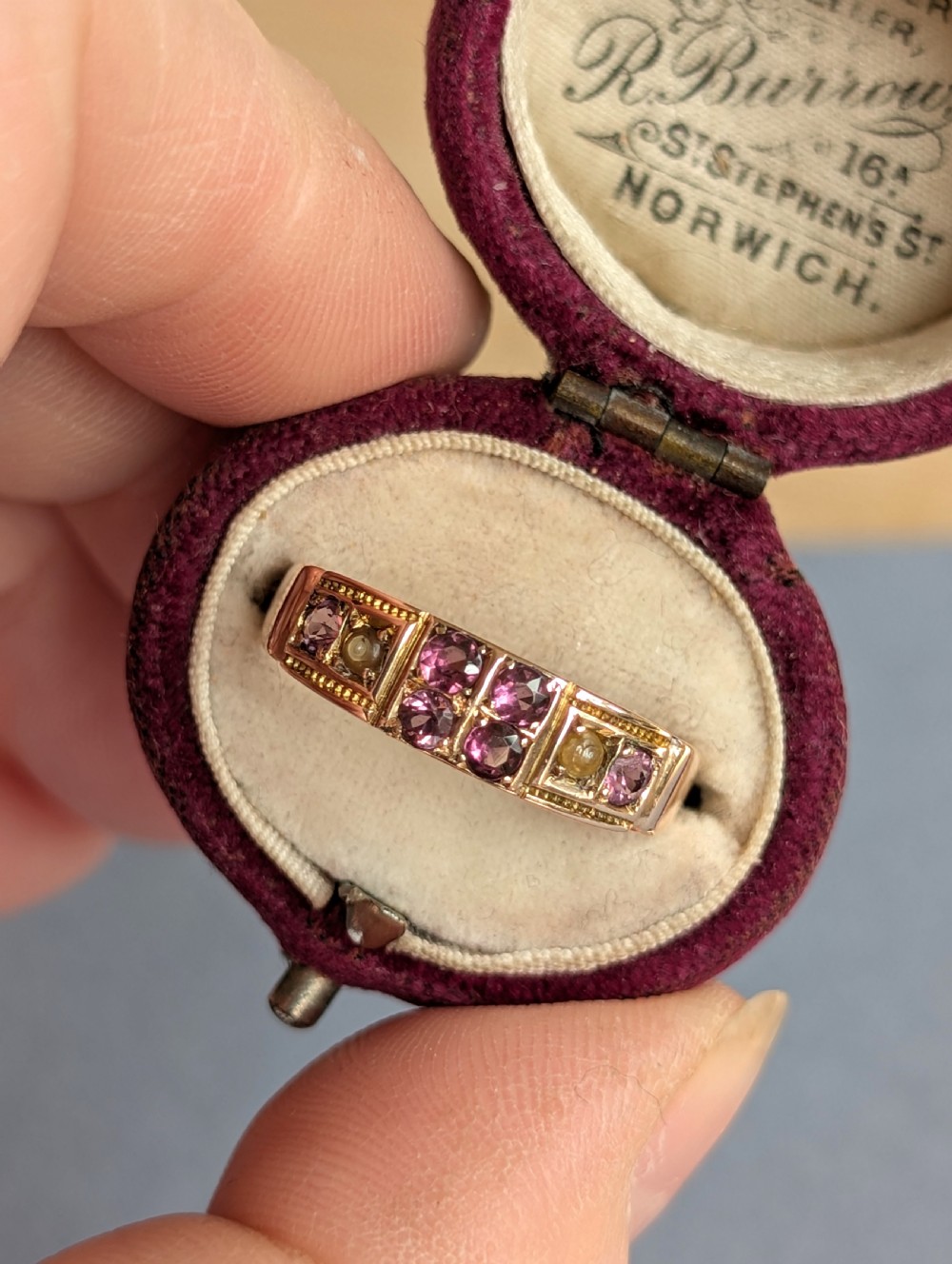Edwardian 9ct rose gold garnet and pearl ring c1903 View VIII