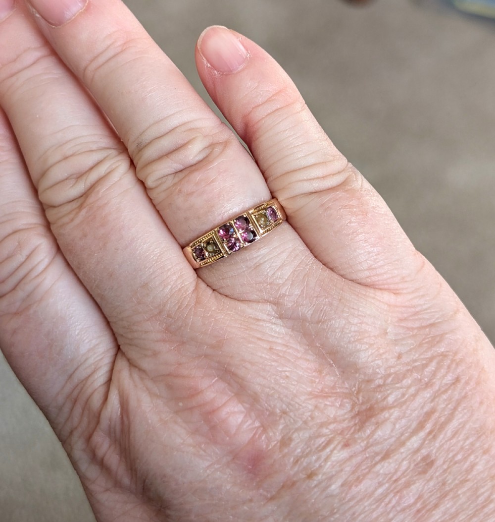 Edwardian 9ct rose gold garnet and pearl ring c1903 View IX