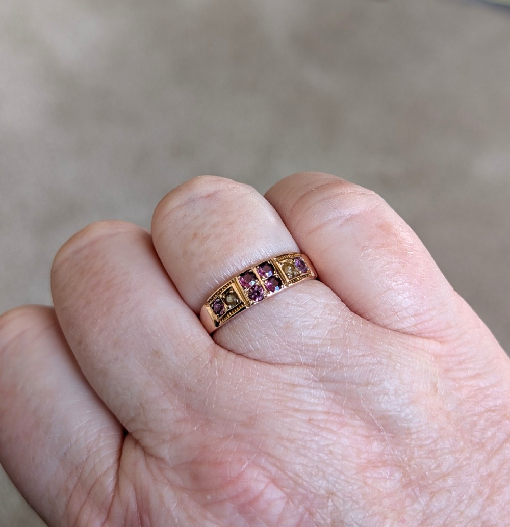 Edwardian 9ct rose gold garnet and pearl ring c1903 View X