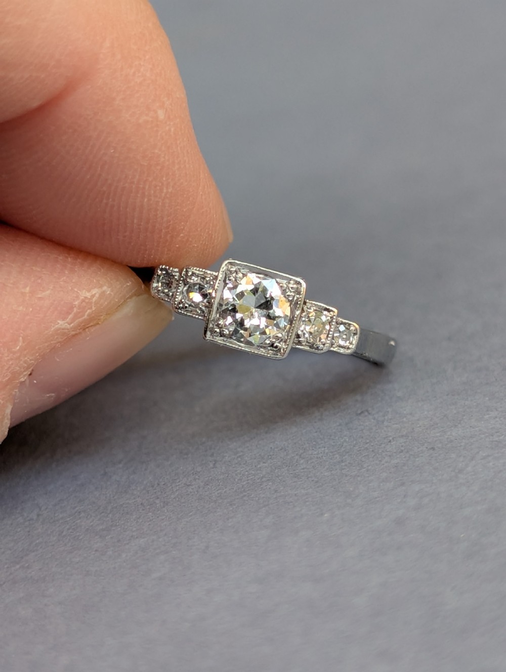 Art Deco 18ct gold Platinum Diamond Solitaire Engagement Ring View V