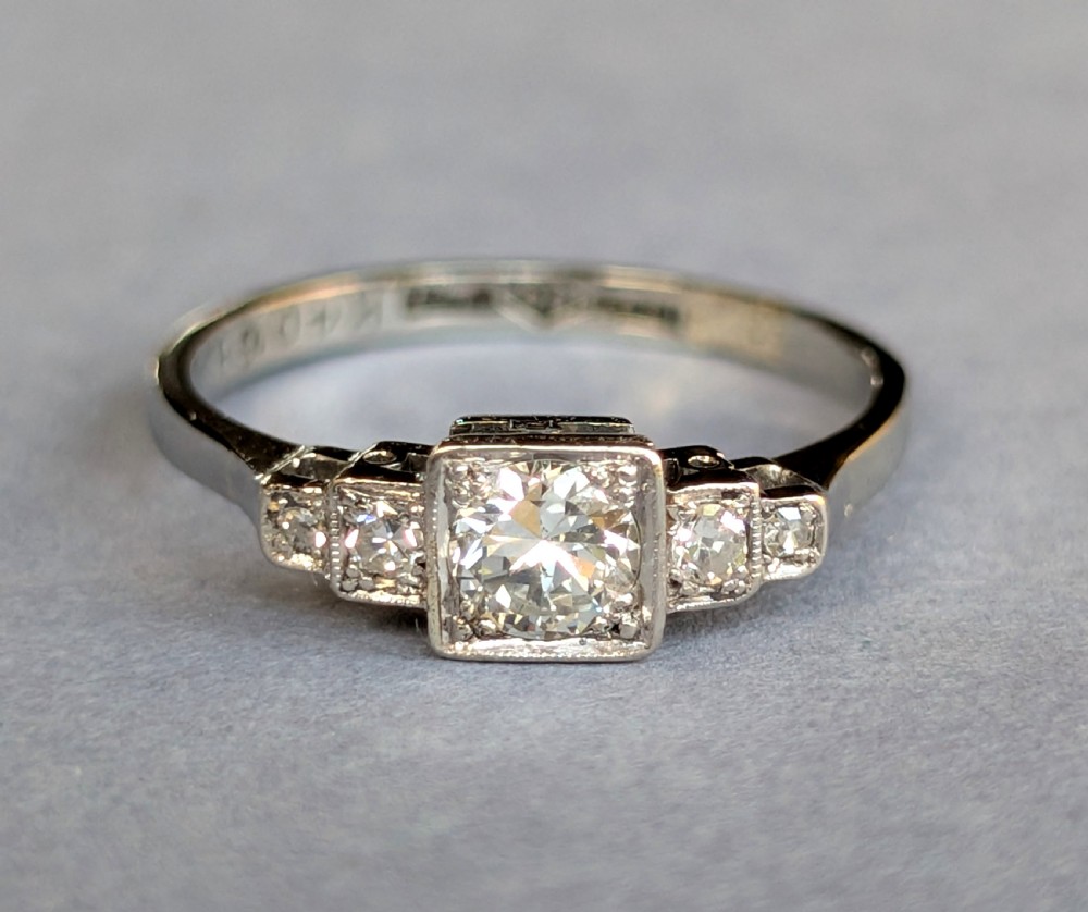 Art Deco 18ct gold Platinum Diamond Solitaire Engagement Ring View X