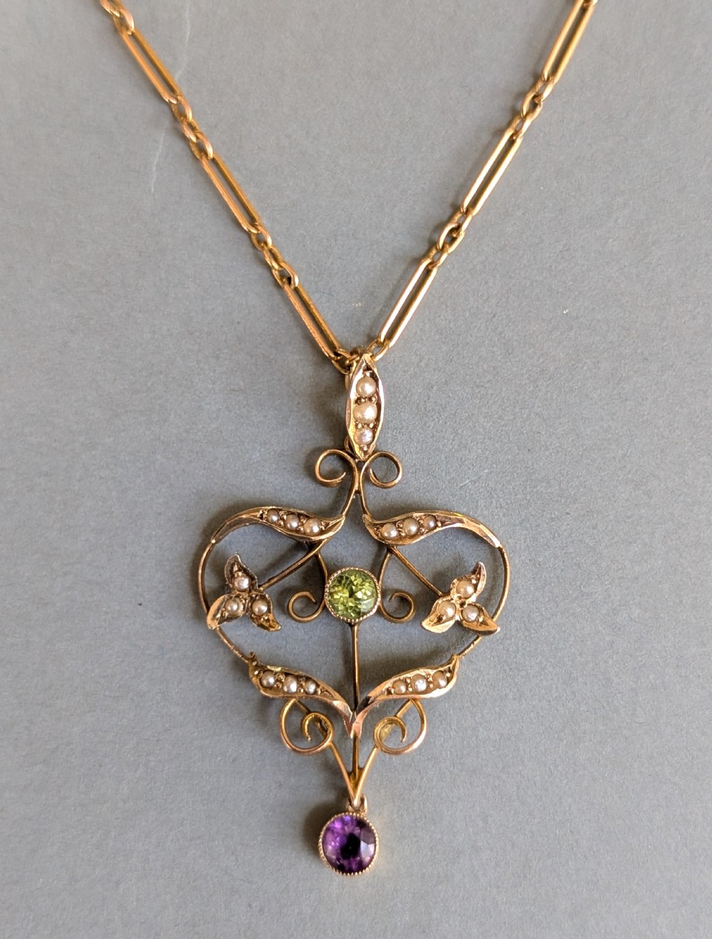 Antique Gold Peridot Amethyst Pearl Suffragette Pendant and chain