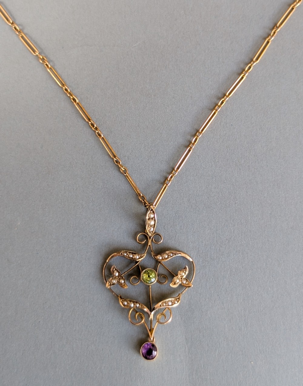 Antique Gold Peridot Amethyst Pearl Suffragette Pendant and chain View III