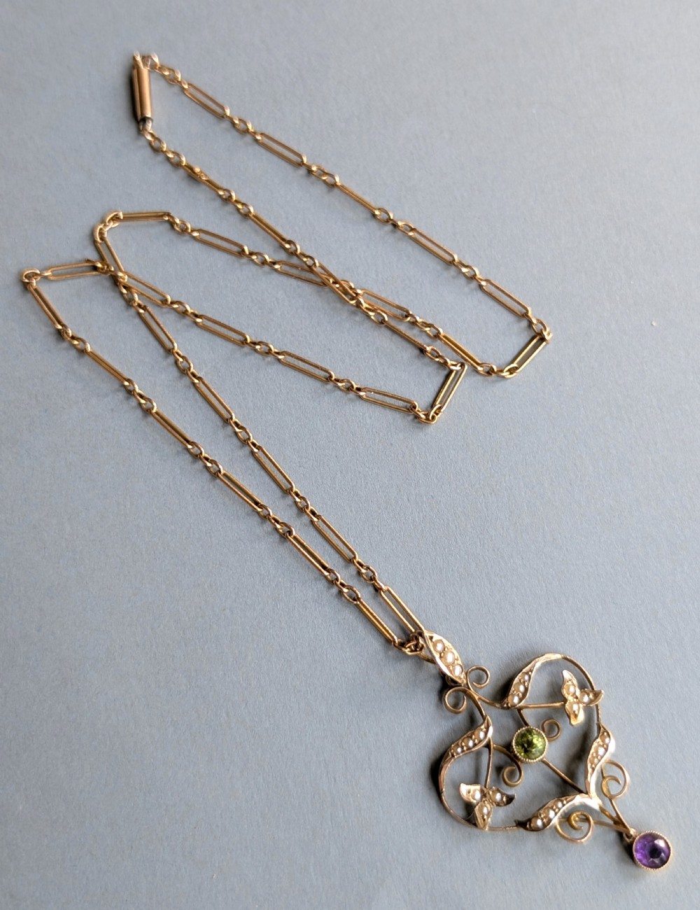 Antique Gold Peridot Amethyst Pearl Suffragette Pendant and chain View V