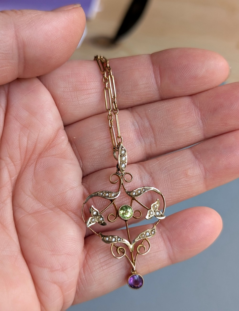 Antique Gold Peridot Amethyst Pearl Suffragette Pendant and chain View VI