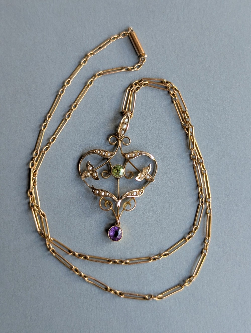 Antique Gold Peridot Amethyst Pearl Suffragette Pendant and chain View VII