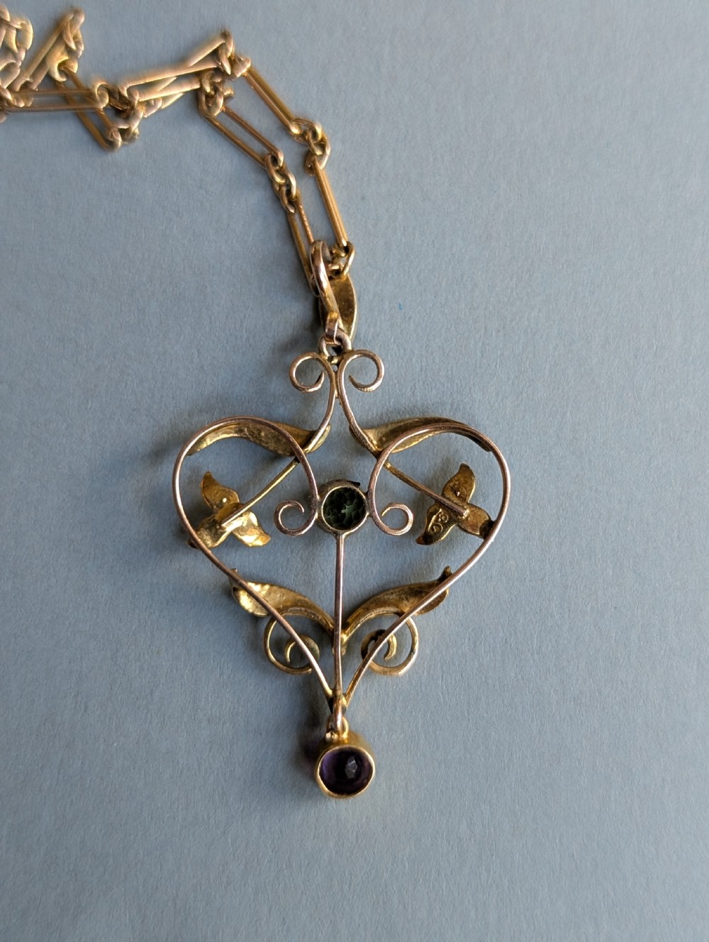 Antique Gold Peridot Amethyst Pearl Suffragette Pendant and chain View VIII