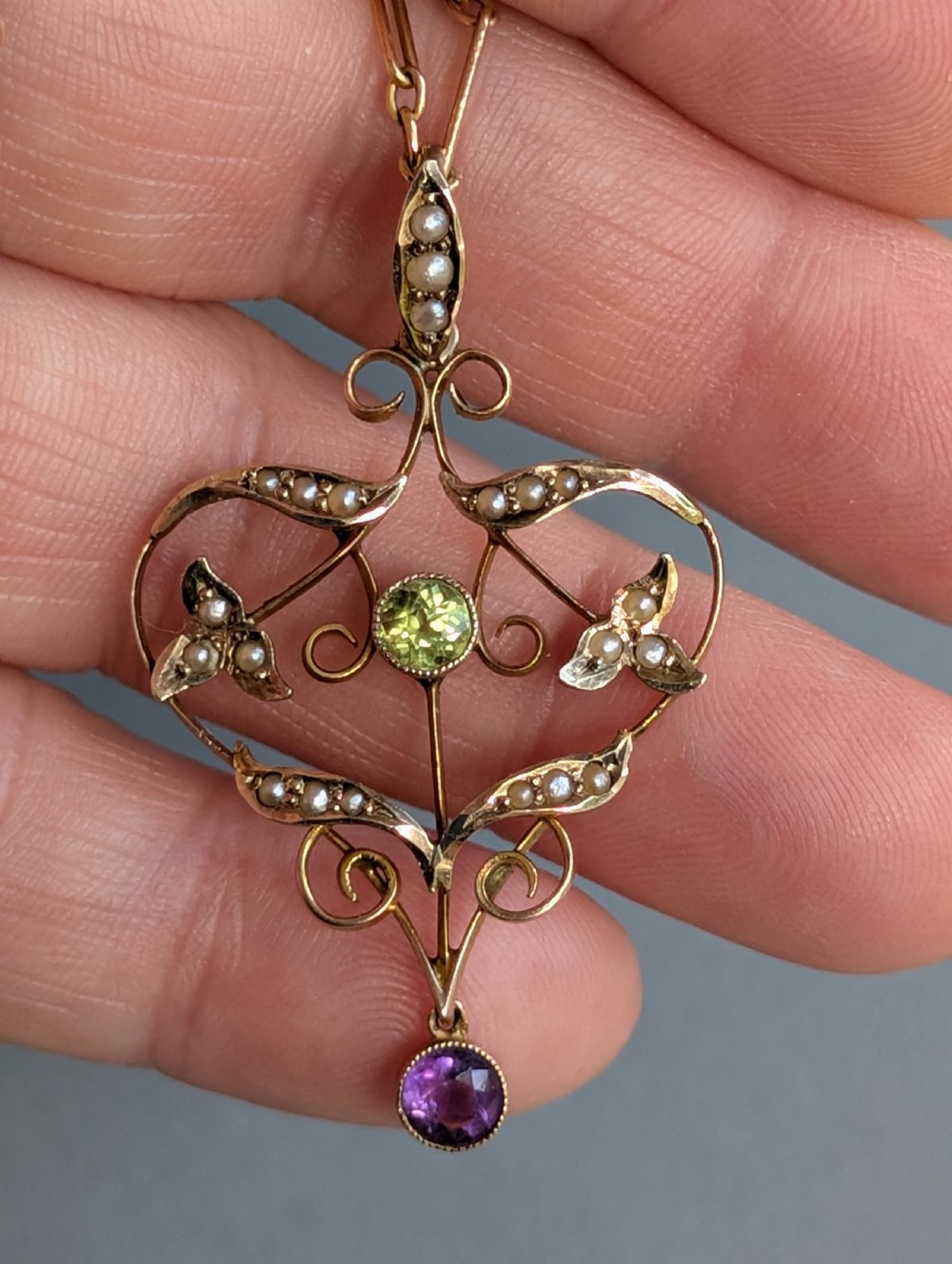 Antique Gold Peridot Amethyst Pearl Suffragette Pendant and chain View X