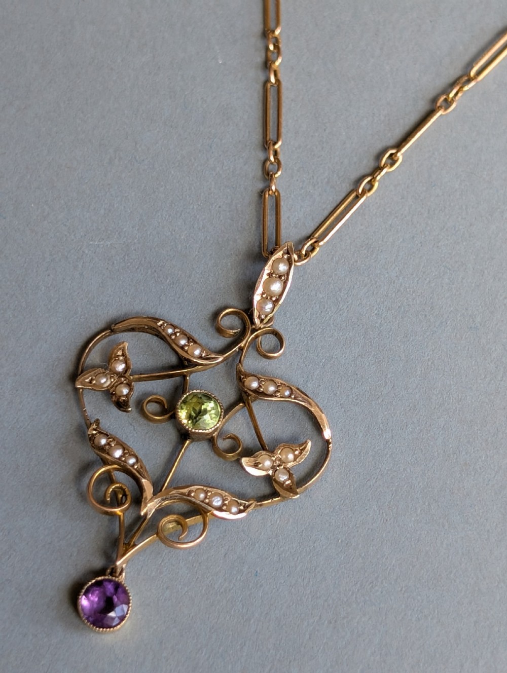 Antique Gold Peridot Amethyst Pearl Suffragette Pendant and chain View XI