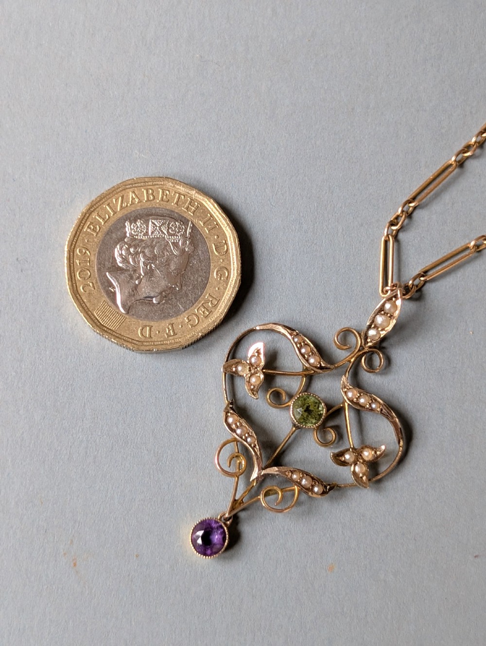 Antique Gold Peridot Amethyst Pearl Suffragette Pendant and chain View XII