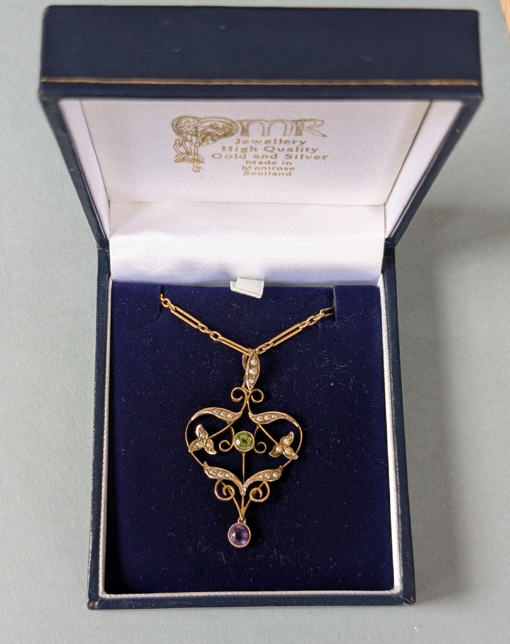 Antique Gold Peridot Amethyst Pearl Suffragette Pendant and chain View XIII