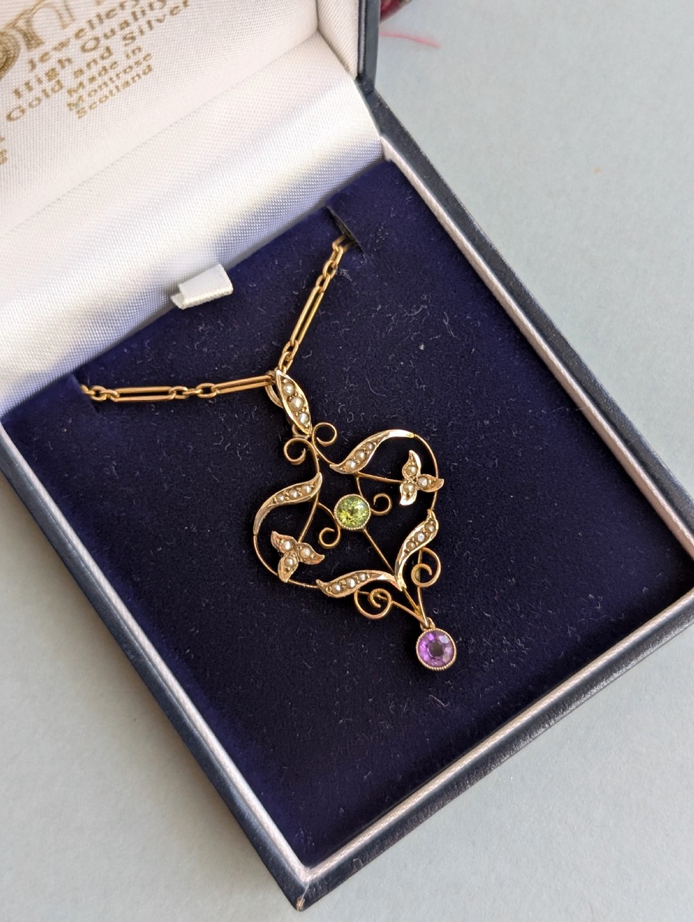 Antique Gold Peridot Amethyst Pearl Suffragette Pendant and chain View XIV