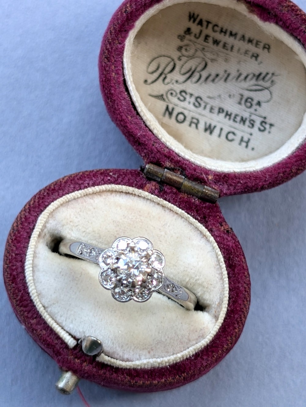 An Art Deco diamond daisy cluster ring with a circular central diamond surrounded by eight smaller diamonds set on a polished band with detailed shoulders. View XI