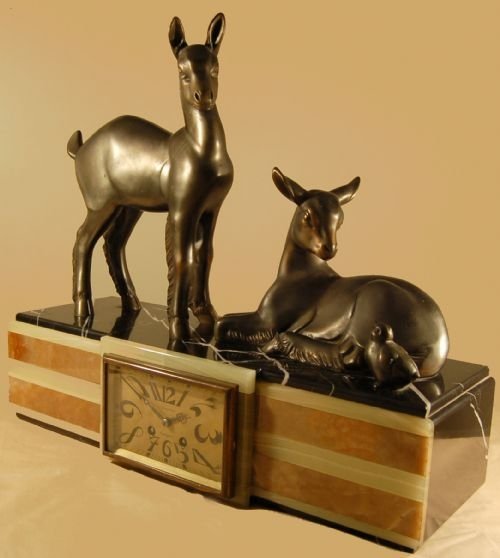 Art Deco Mantle Clock French Bronze Sculpture Marble