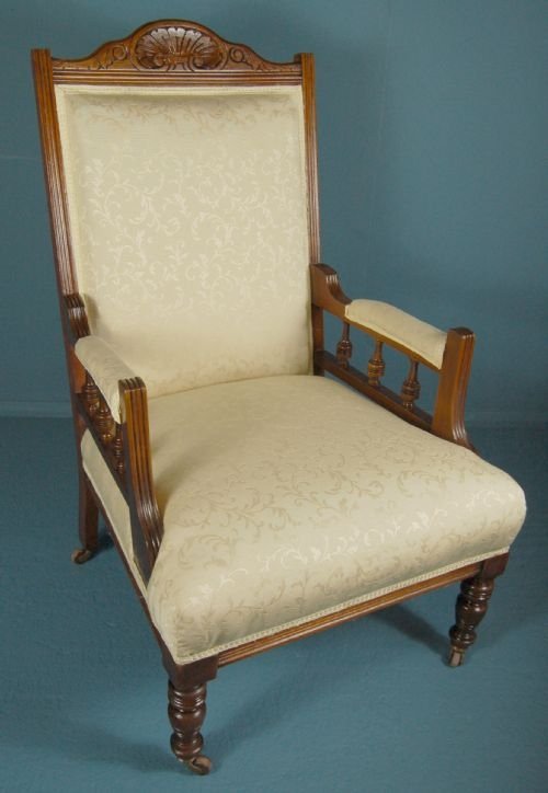 Edwardian Antique Armchair Chair Carved Frame & Castors