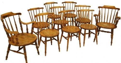 Windsor Chairs Carvers Set of Ten 10 Antique Kitchen