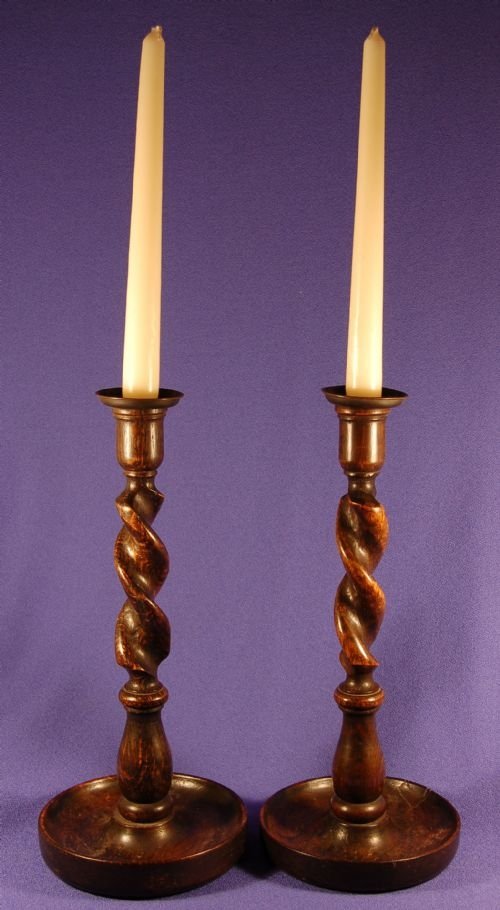 Pair of Antique Candlesticks Oak Barley Twist C1880
