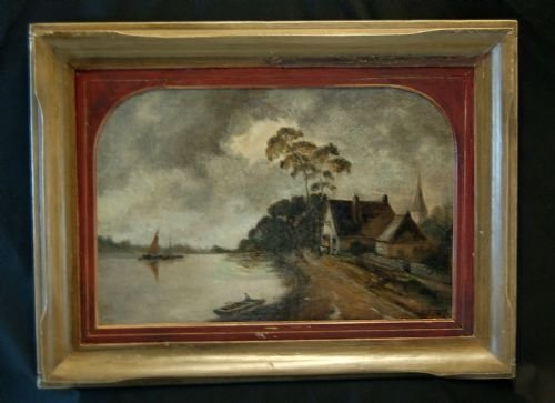 Oil Painting English Riverside Scene Framed C1850