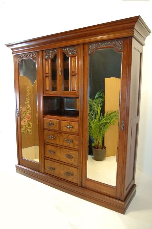 Edwardian Walnut Wardrobe Linen Press Armoire Antique