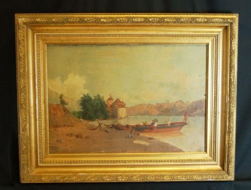 Oil on Canvas Painting Riverside Scene Framed & Signed