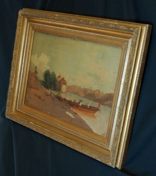 fig 1. Oil on Canvas Painting Riverside Scene Framed & Signed