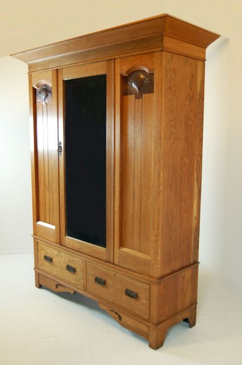 fig 1. Edwardian Oak Wardrobe Linen Press Antique Harris Lebus