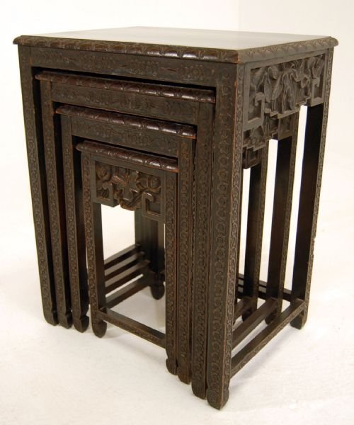 Quartetto Nest Set of Hardwood Carved Tables Antique