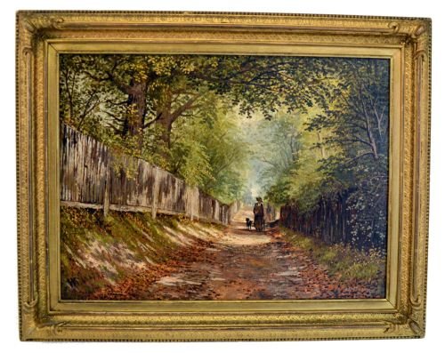 Antique Oil on Canvas 'Lady Walking Dog' Signed H.m.inivre C1880

