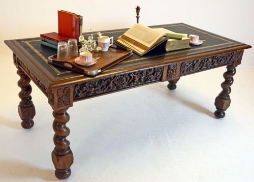 Carved Oak Leather Desk Library Reading Table Antique