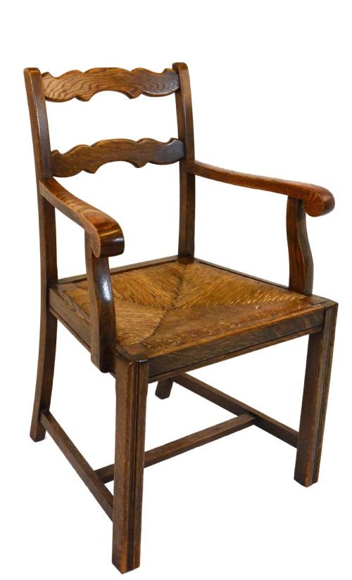 Oak Rush Seat Ladderback Carver Elbow Chair Antique