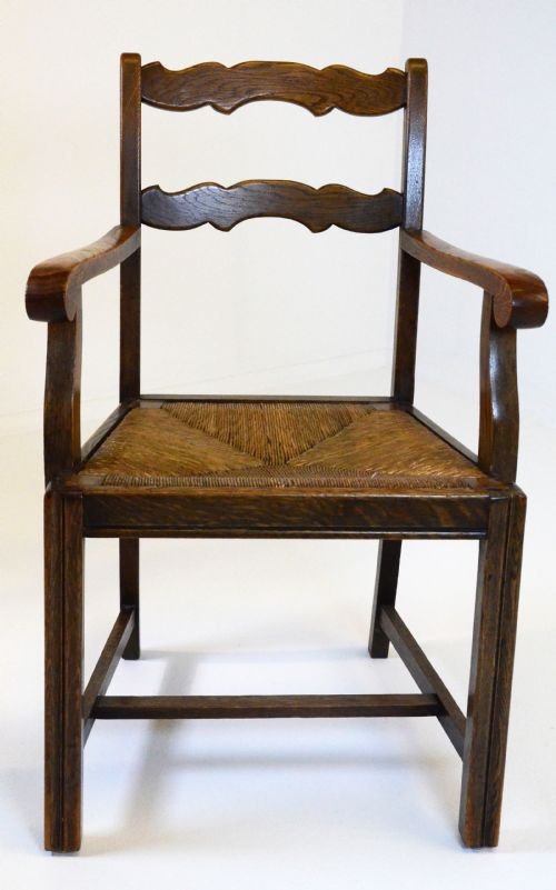 fig 1. Oak Rush Seat Ladderback Carver Elbow Chair Antique
