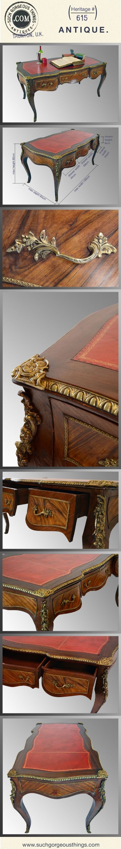 fig 4. Antique Leather Gilt French Writing Library Table Desk Bureau Plat