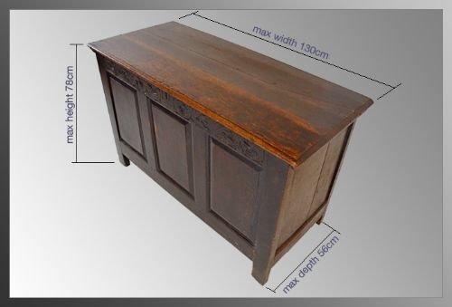 fig 1. Oak Coffer Chest Trunk Box Antique with Carving c1800
Useful Size Oak Coffer Good Condition