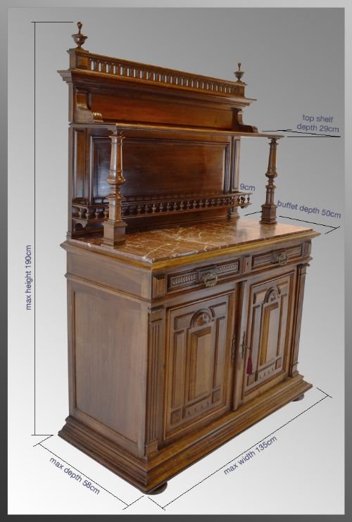 fig 1. Fine Dresser Buffet Cabinet Antique French Walnut c1900
Excellent Marble Top Walnut Galleried Display Cupboard