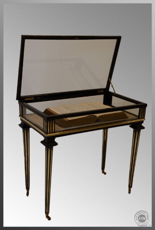 Bijouterie Display Case Glass Cabinet Victorian Antique
ebonised with Brass Inlay - Lined Interior - Castors