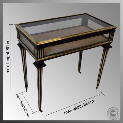 fig 1. Bijouterie Display Case Glass Cabinet Victorian Antique
Ebonised With Brass Inlay - Lined Interior - Castors