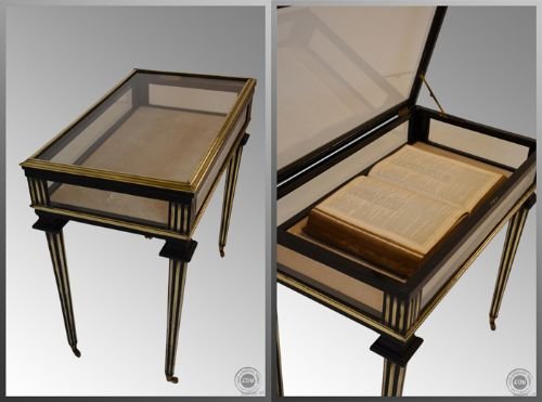 fig 2. Bijouterie Display Case Glass Cabinet Victorian Antique
Ebonised With Brass Inlay - Lined Interior - Castors
