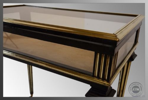 fig 3. Bijouterie Display Case Glass Cabinet Victorian Antique
Ebonised With Brass Inlay - Lined Interior - Castors