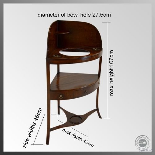 fig 1. Fine Antique Bow Corner Wash Stand + Bowl & Jug c1780
Georgian Washstand - Flame Veneer - Excellent Condition