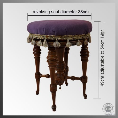 fig 1. Fine Walnut Antique Piano Music Upholstered Stool c1850
Height Adjustable - Rotating Seat - Superb Condition