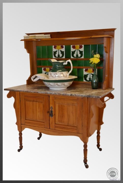 Victorian Antique Satinwood Wash Stand Vanity Table
marble Top - Complete with Jug & Bowl - Towel Rails