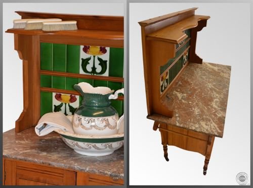fig 2. Victorian Antique Satinwood Wash Stand Vanity Table
Marble Top - Complete with Jug & Bowl - Towel Rails