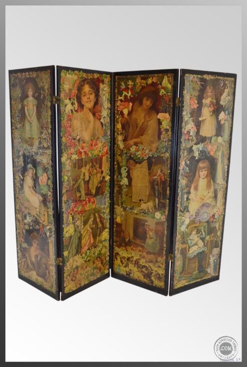 Antique Folding 'Scrap' Screen Room Divider Partition
lovely Victorian Original - Four Panel - Bi-fold Hinges
