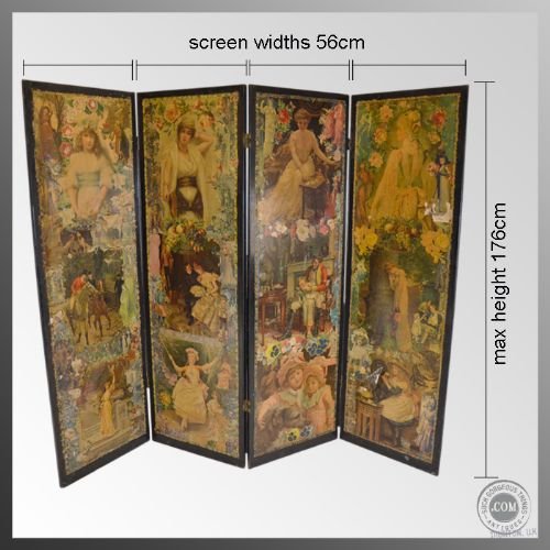fig 1. Antique Folding 'Scrap' Screen Room Divider Partition
Lovely Victorian Original - Four Panel - Bi-Fold Hinges
