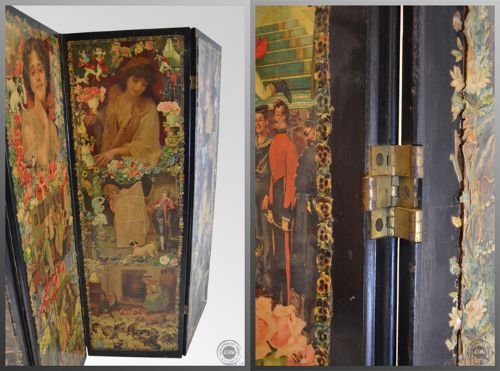 fig 2. Antique Folding 'Scrap' Screen Room Divider Partition
Lovely Victorian Original - Four Panel - Bi-Fold Hinges
