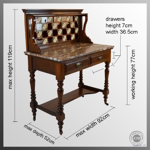 fig 1. Victorian Antique Washstand Wash Stand Vanity Table
Marble Top - Over-Shelf - Tiled Back - Twin Drawers