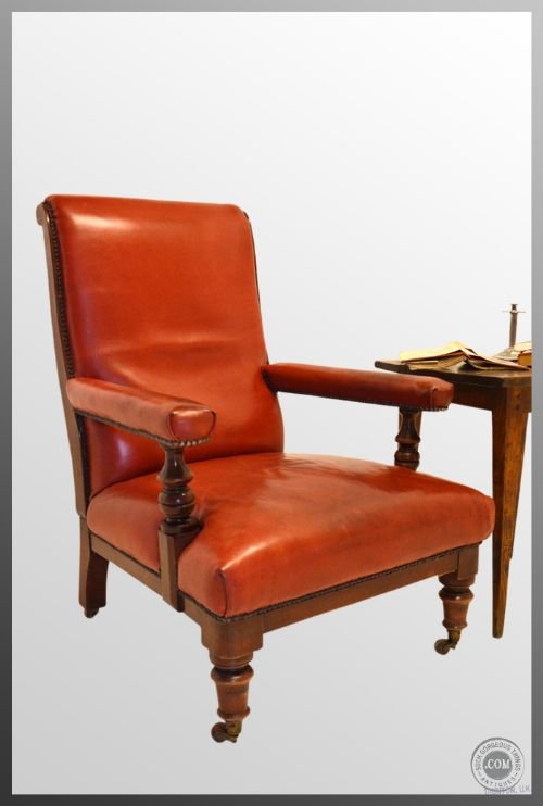 	
Large Leather Antique Armchair Club Chair Victorian
with Castors - Lovely Fireside or Study Chair - Comfy