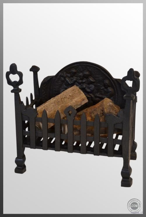 Fire Log Basket Free-standing Wrought Iron Antique
with Feature Cast Iron Fire Back - Excellent Condition